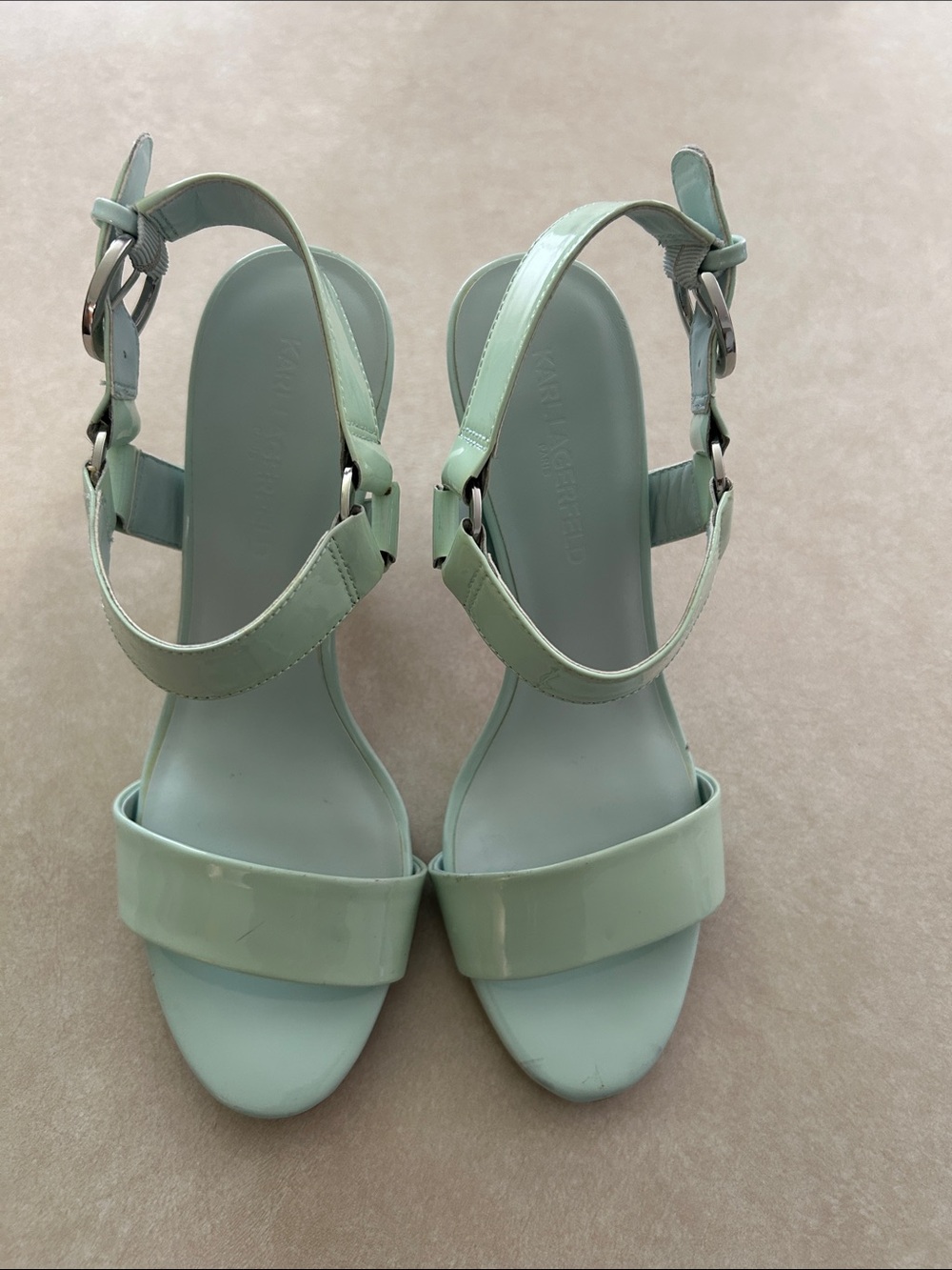 Karl Lagerfeld Mint Green Patent Slingback Sandals